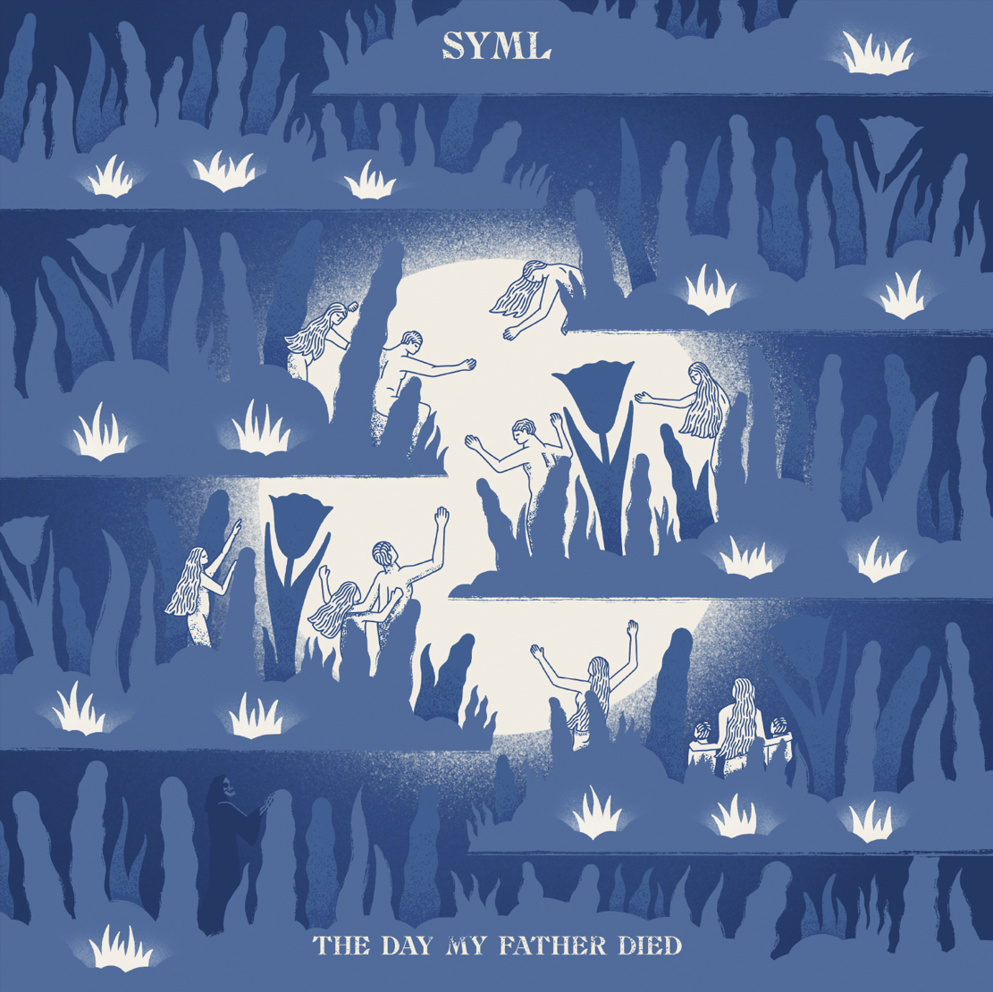 Das Albumcover "The Day My Father Died" von SYML zeigt eine Collage aus verschiedenen gemalten Menschen, die hinter Pflanzen stehen. Im Hintergrund ist der große Mond zu sehen. Das Cover ist blau und weiß.