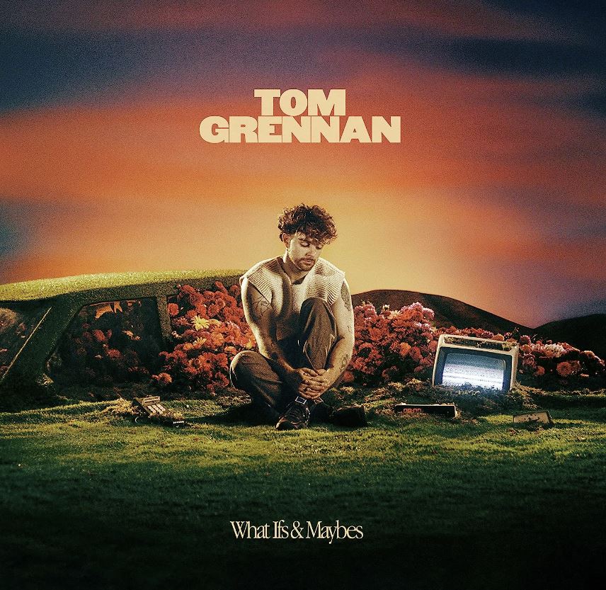 Das Albumcover "What Ifs & Maybes" von Tom Grennan zeigt den Musiker, wie er mit nachdenklichem Blick auf einer Wiese sitzt. Der Himmel im Hintergrund ist blau, violett, rosa, orange und gelb.