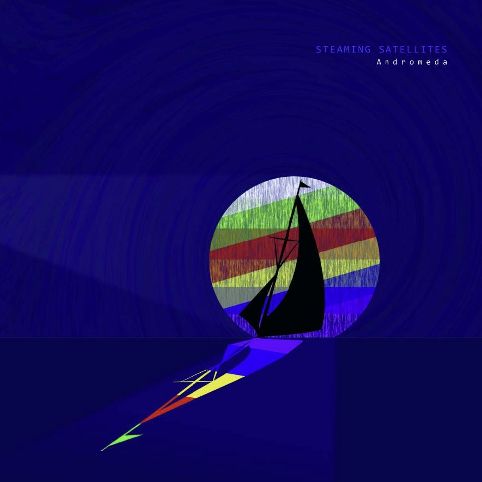 Das Albumcover "Andromeda" von den Steaming Satellites ist dunkelblau. In der Mitte ist die schwarze Silhouette eines Segelschiffs zu sehen. Das Schiff befindet sich in einem Kegel aus Regenbogenfarben.