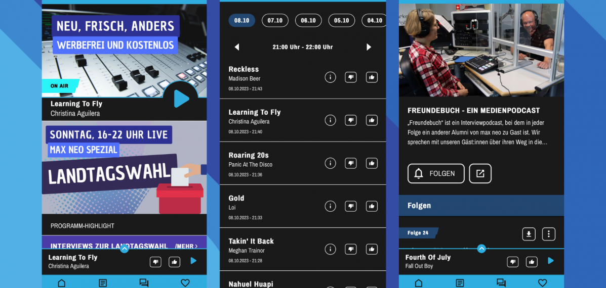 Drei Screenshots der neuen max neo App die nebeneinander stehen. Zu sehen ist der Startbildschirm, die Playlist und der Screen zum Podcast "Freundebuch"