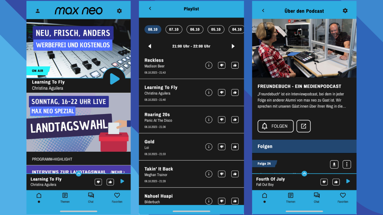 Drei Screenshots der neuen max neo App die nebeneinander stehen. Zu sehen ist der Startbildschirm, die Playlist und der Screen zum Podcast "Freundebuch"