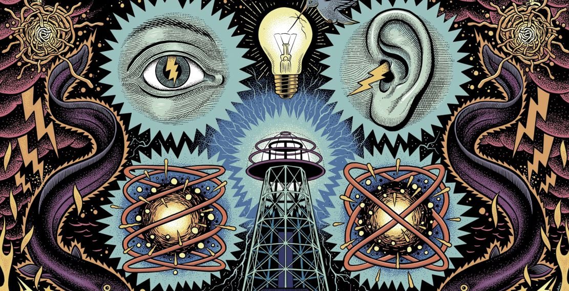 Das Albumcover "Electric Sounds" von Danko Jones zeigt ein gemaltes Bild mit einem Auge, Ohr, einer Glühbirne, einem Vogel und vielem mehr.