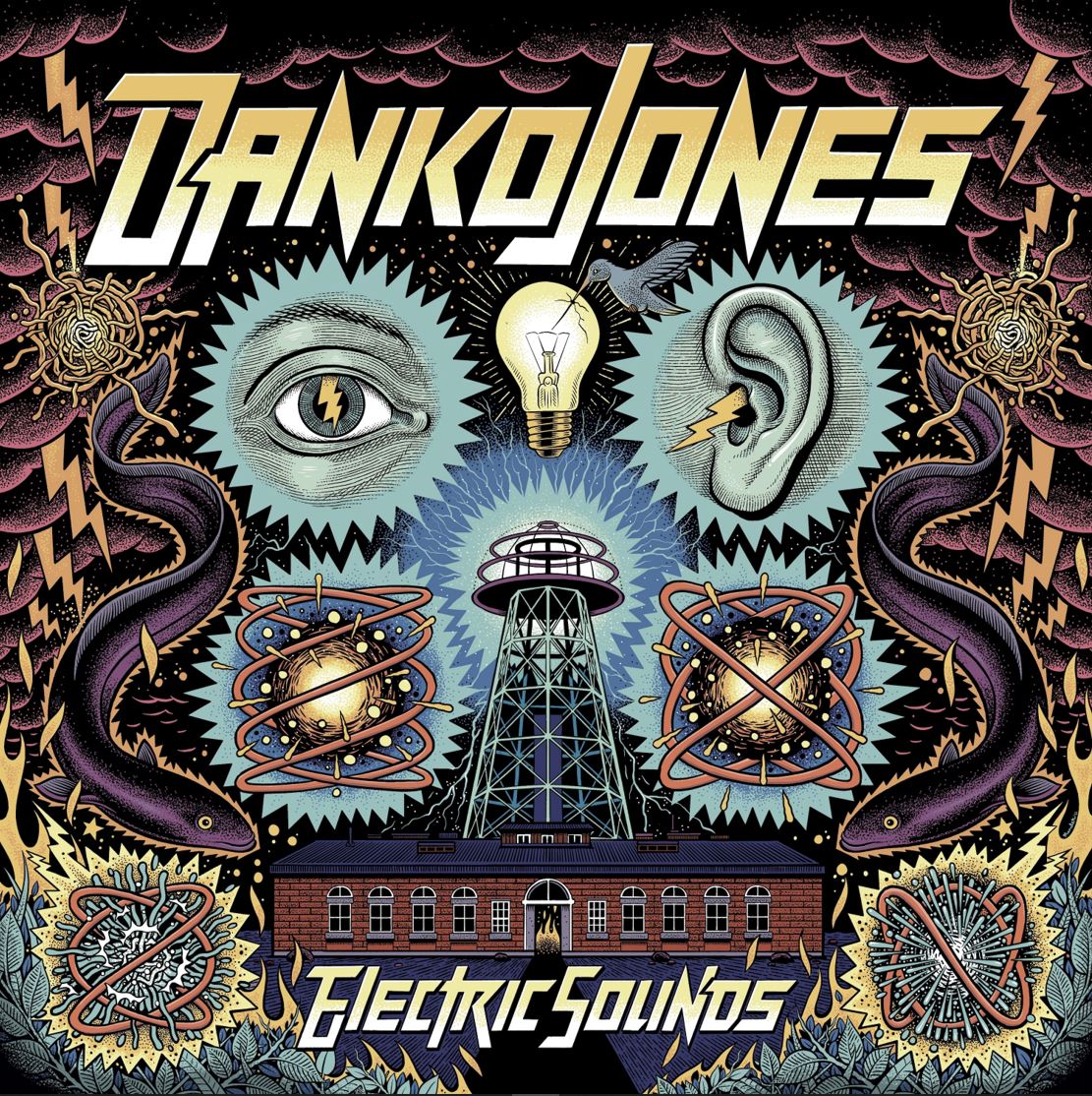 Das Albumcover "Electric Sounds" von Danko Jones zeigt ein gemaltes Bild mit einem Auge, Ohr, einer Glühbirne, einem Vogel und vielem mehr.