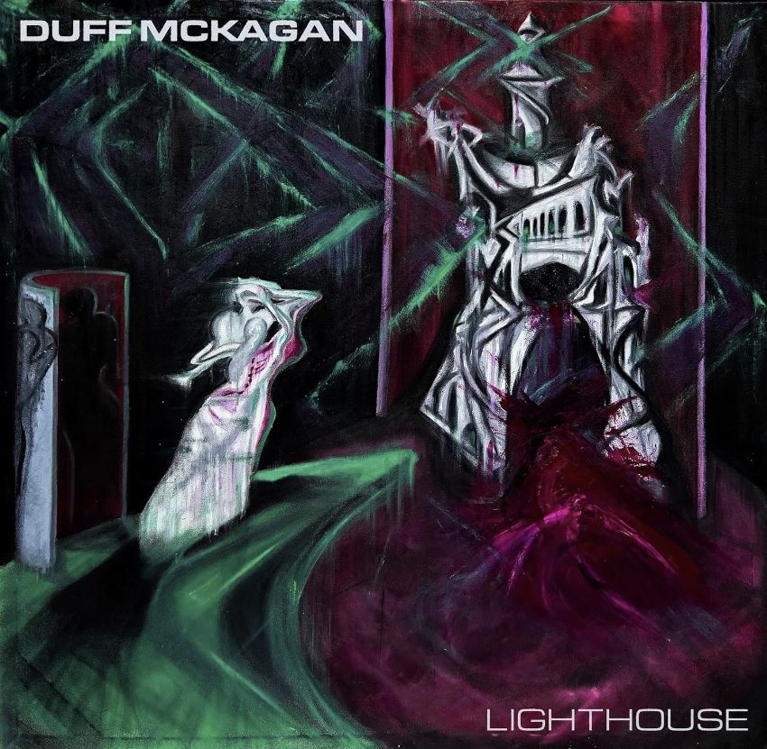 Das Albumcover "Lighthouse" von Duff McKagan ist ein gemaltes Bild. Das Bild ist sehr abstrakt gemalt, sodass man nur grob erkennen kann, dass es sich um einen Leuchtturm und eine Frau handelt, die auf den Klippen davor steht. Farblich ist es in Rot-, Lila- und Grüntönen gehalten.
