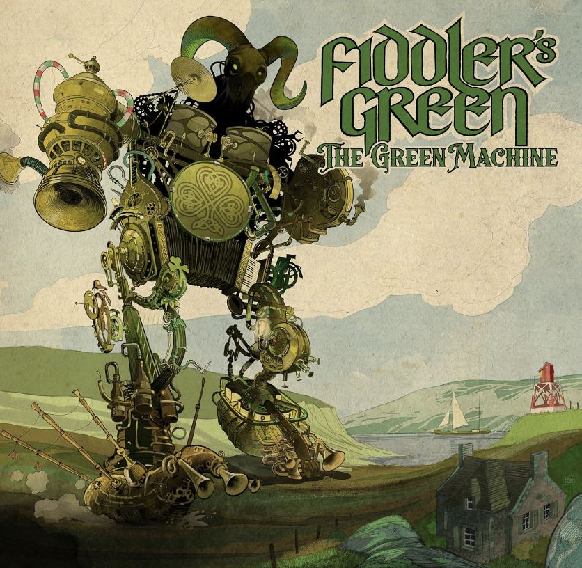 Das Albumcover "The Green Machine" von Fiddler's Green zeigt eine Figur, die vielen Instrumenten und Geräten besteht. Sie steht in einer grünen Landschaft.