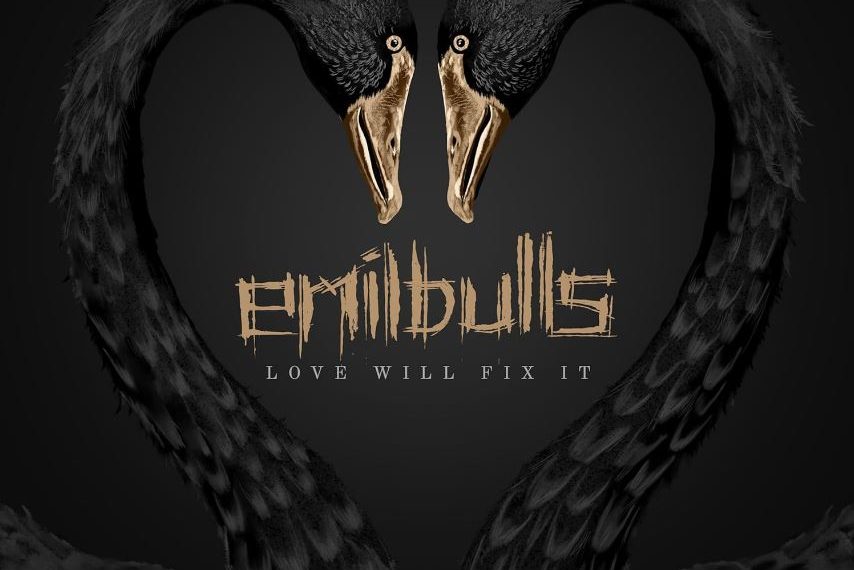 Das Albumcover "Love Will Fix It" von Emil Bulls ist schwarz gehalten. Es zeigt zwei schwarze Schwanenhälse mit goldenen Schnäbeln, die ein Herz bilden.