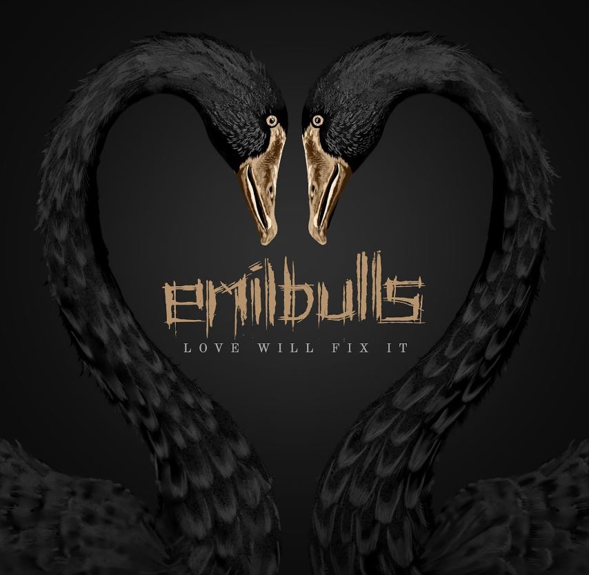 Das Albumcover "Love Will Fix It" von Emil Bulls ist schwarz gehalten. Es zeigt zwei schwarze Schwanenhälse mit goldenen Schnäbeln, die ein Herz bilden.