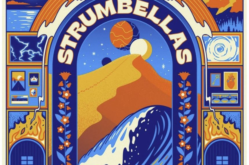 Das Albumcover "Part Time Believer" von The Strumbellas zeigt einen bunten Torbogen. Hinter dem Bogen sind Wasser, ein Berg und einen Sternenhimmel zu sehen. Neben dem Torbogen befinden sich mehrere kleine Bilder.