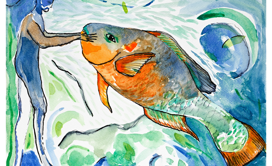 Das Albumcover "Breath And Air" von Heather Nova zeigt einen Menschen, der einen Fisch berührt. Das Bild ist gemalt.