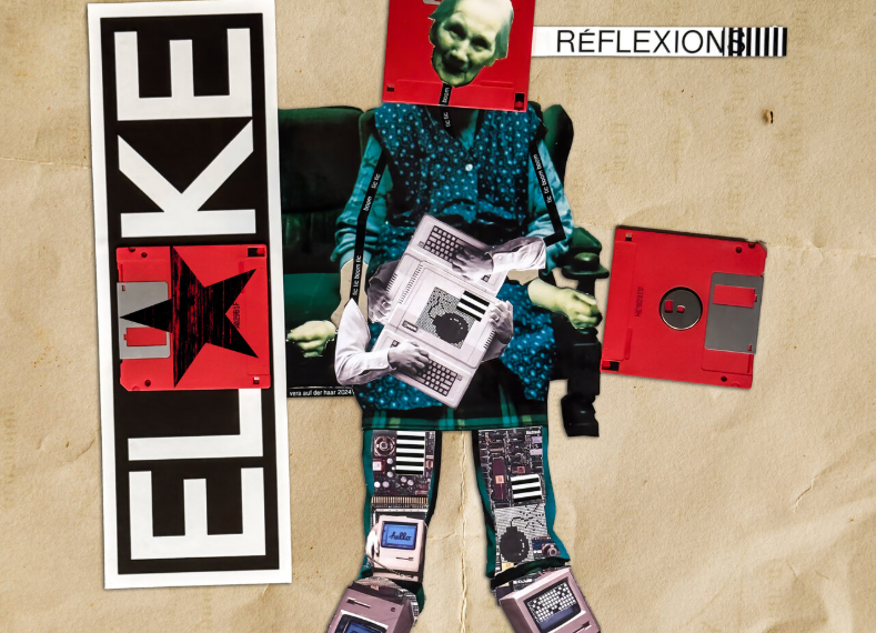 Das Albumcover "Reflexion" von EL*KE zeigt einen Collage-Roboter, der aus verschiedenen Teilen wie einem Kopf, ein Kittel und einem Gameboy besteht.