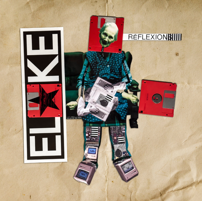 Das Albumcover "Reflexion" von EL*KE zeigt einen Collage-Roboter, der aus verschiedenen Teilen wie einem Kopf, ein Kittel und einem Gameboy besteht.