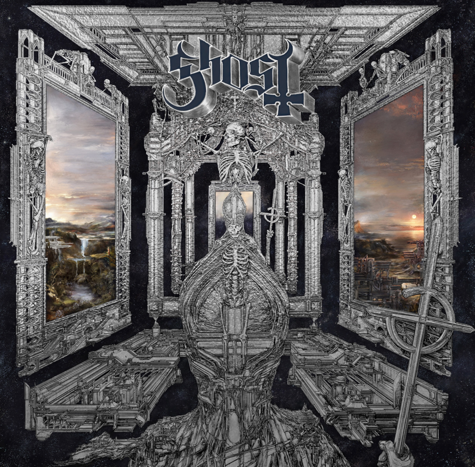 Das Albumcover "Skeletá" von Ghost zeigt ein Skelett in einem Raum mit Bildern an der Wand.