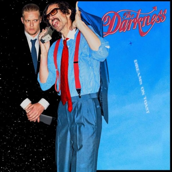 Das Albumcover "Dreams On Toast" von The Darkness zeigt zwei Männer - einer ist ekstatisch am Telefon, der andere schaut ihn misstrauisch an.