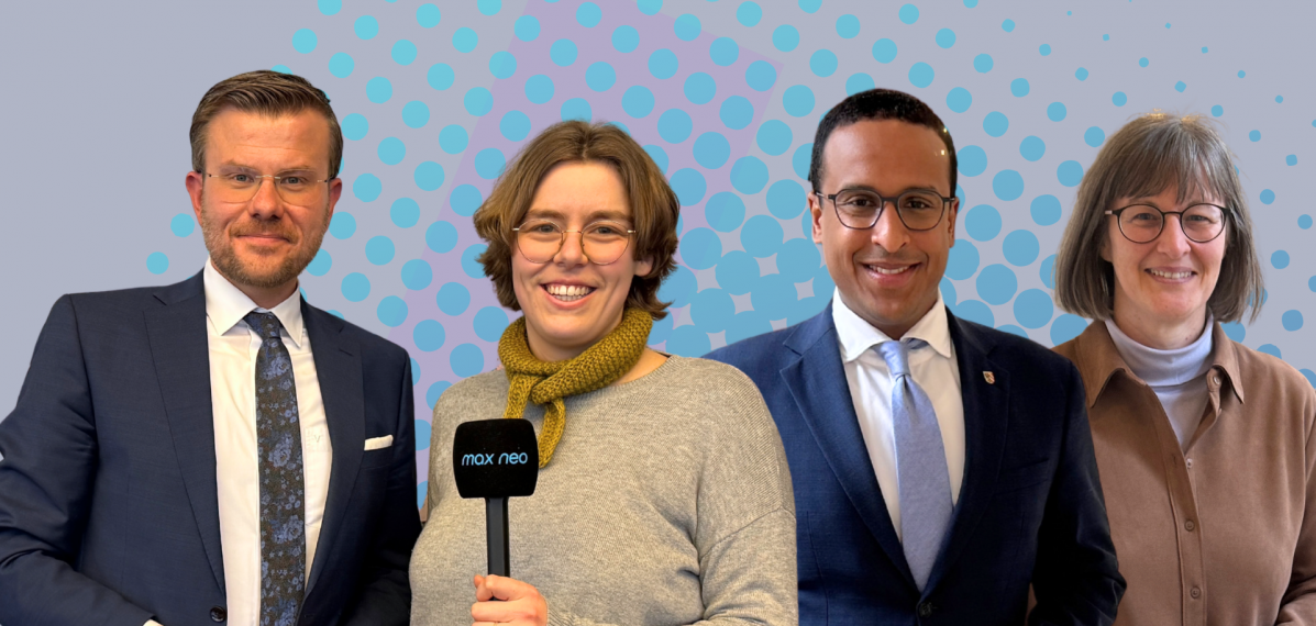 Das Foto zeigt Moderatorin Lena Schnelle und die Nürnberger Oberbürgermeisterkandidat*innen Britta Walthelm, Marcus König und Dr. Nasser Ahmed.