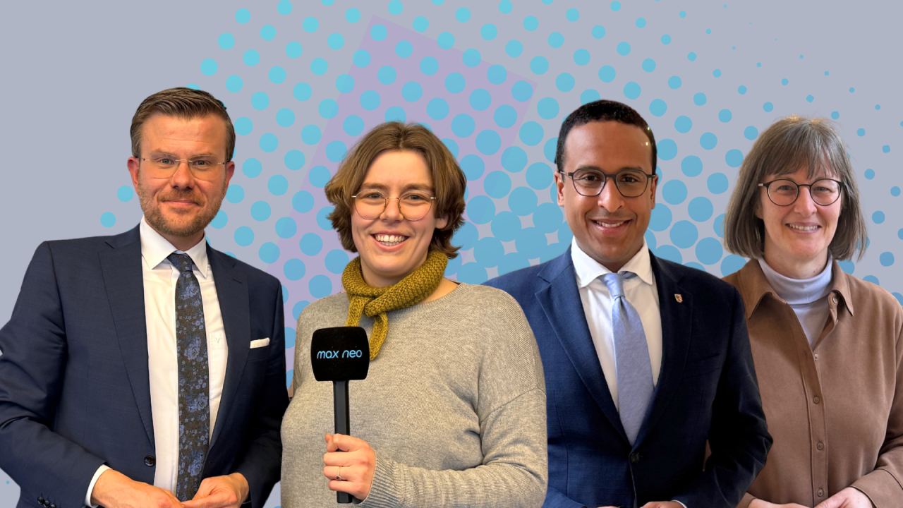 Das Foto zeigt Moderatorin Lena Schnelle und die Nürnberger Oberbürgermeisterkandidat*innen Britta Walthelm, Marcus König und Dr. Nasser Ahmed.