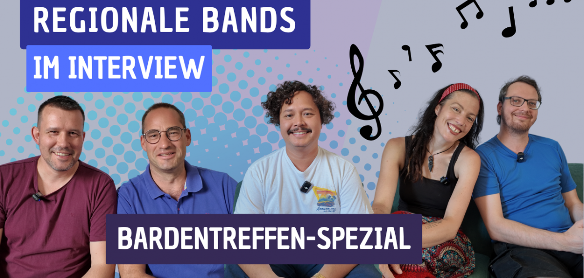 Der Banner zeigt verschiedene Musiker*innen, die beim Nürnberger Bardentreffen auftreten.