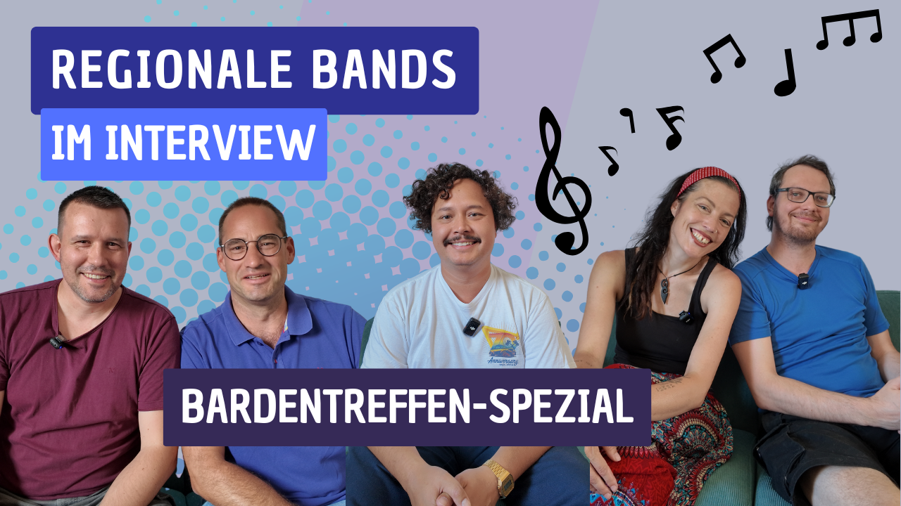 Der Banner zeigt verschiedene Musiker*innen, die beim Nürnberger Bardentreffen auftreten.
